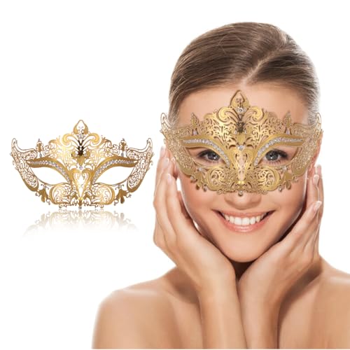 Maskerade Maske für Frauen, venezianische Metallmaske für Party, Halloween, Kostüm, Cosplay (Eule, Gold) von Ralleyfun