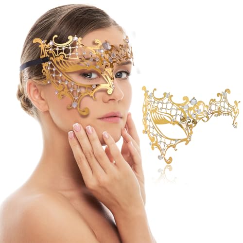 Maskerade Maske für Frauen, venezianische Metallmaske für Party, Halloween, Kostüm, Cosplay (halbes Gesicht, Gold) von Ralleyfun