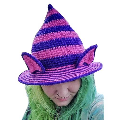 Ralondbey Gestreifter Hexenhut mit Hasenohren, einzigartige Strickmütze für Halloween, Kostüm, Cosplay, Requisiten, Ornament von Ralondbey