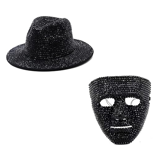 Ralondbey Hut Blingbling Strass Cowboyhut Gesichtsmaske Kostüm Set Fedora Cap Musikfestival Dress Up Junggesellinnenabschied Requisiten von Ralondbey