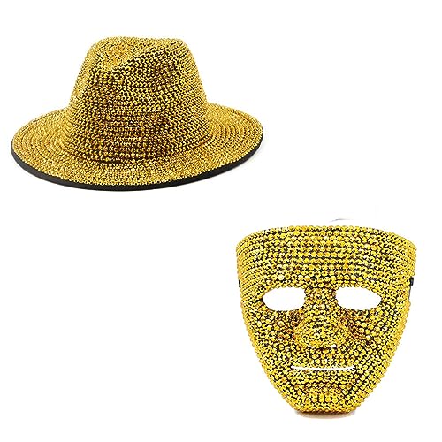 Ralondbey Hut Blingbling Strass Cowboyhut Gesichtsmaske Kostüm Set Fedora Cap Musikfestival Dress Up Junggesellinnenabschied Requisiten von Ralondbey