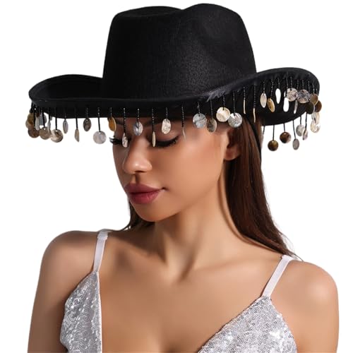 Ralondbey Hut Westernhut Dame Cosplay Hut Rollkrempe Hut Fransen Strass Cowgirlhut Junggesellinnenabschied Kopfbedeckung Zubehör von Ralondbey