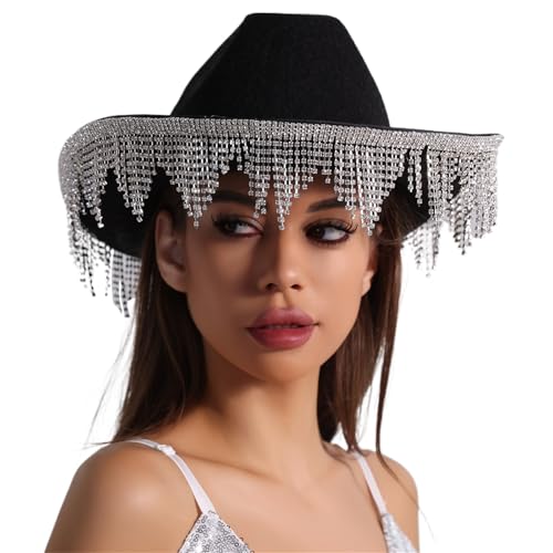 Ralondbey Hut Westernhut Dame Cosplay Hut Rollkrempe Hut Fransen Strass Cowgirlhut Junggesellinnenabschied Kopfbedeckung Zubehör von Ralondbey