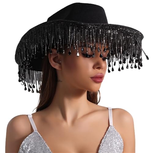 Ralondbey Hut Westernhut Dame Cosplay Hut Rollkrempe Hut Fransen Strass Cowgirlhut Junggesellinnenabschied Kopfbedeckung Zubehör von Ralondbey