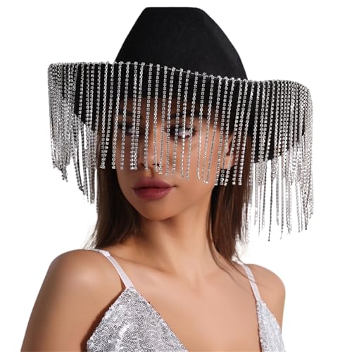 Ralondbey Hut Westernhut Dame Cosplay Hut Rollkrempe Hut Fransen Strass Cowgirlhut Junggesellinnenabschied Kopfbedeckung Zubehör von Ralondbey