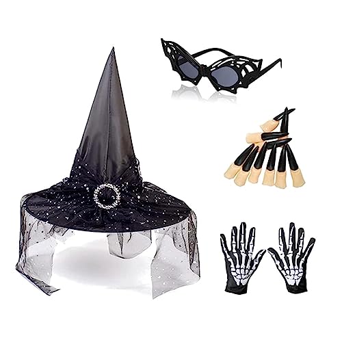 Ralondbey Hut für Damen, Netzschleier, Hexenhut mit künstlichen Nägeln, Sonnenbrillen und Handschuhen, Halloween, Cosplay, Abschlussball, Partyzubehör für Damen von Ralondbey