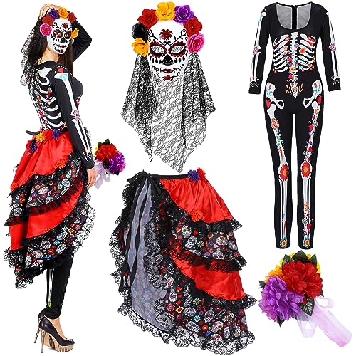 Ramede 4-teiliges Frauenkostüm Tag der Toten Halloween-Krawatte Dia De Los Muertos Skelett Catsuit Totenkopf Schleier Maske (Größe XL) von Ramede