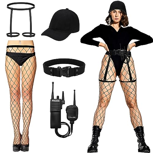 Ramede 5 Pcs Police Cosplay Frauen Halloween Cop Kostüm mit Hut, Gürtel, Bein Strumpfband, Spielzeug Walkie Talkie, Fischnetz Strümpfe von Ramede