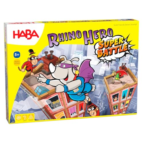 Haba 302808 Rhino Hero - Super Battle, 3D-Geschicklichkeitsspiel für Kinder ab 5 Jahren, spannendes Stapelspiel, empfohlen von der "Kinderspiel des Jahres"-Jury, Bestseller der Rhino Hero-Reihe von HABA