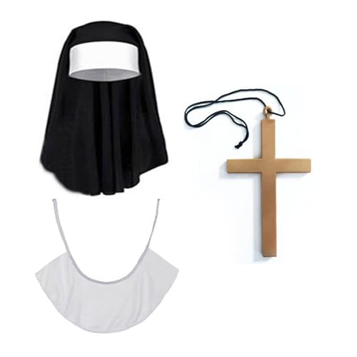 Ranuw Nonnenkostüm Set Kreuz Anhänger Halskette Nonnenhut Kreuz Über Den Kniestrümpfen Halloween Nonnen Zubehörset Für Frauen Und Mädchen Nonnenkostüm Set von Ranuw