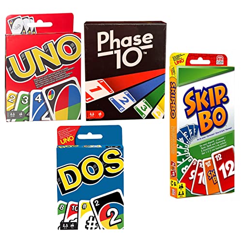 Rappelkiste Spielwaren Spar-Set - 4 Verschiedene Kartenspiele-Set: UNO, Skip BO, Phase 10 und DOS, von Rappelkiste Spielwaren