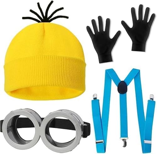 4 Stück Gelb Karneval Kostüm Zubehör, Gelb Mütze, Hosenträger, Schwarze Handschuhe & Runde Steampunk Brille Set für Männer & Frauen, Strickmütze für Erwachsene, Halloween, Karneval Kostüm Cosplay von Raqieman