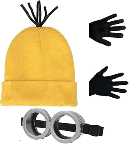 Raqieman 3 Stück Karneval Kostüm Zubehör, Gelb Mütze, Runde Steampunk Brille & Schwarze Handschuhe Set für Männer & Frauen, Gelb Strickmütze für Erwachsene, Halloween, Karneval Kostüm Cosplay von Raqieman