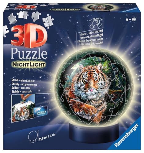 Ravensburger 3D Puzzle 11248 - Nachtlicht Puzzle-Ball Raubkatzen - ab 6 Jahren, LED Nachttischlampe mit Klatsch-Schalter von Ravensburger