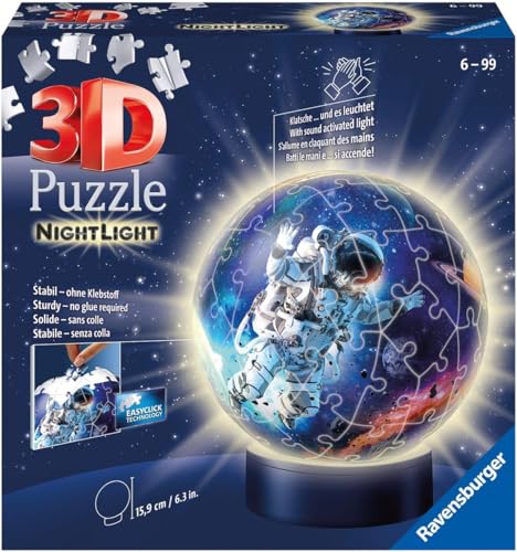 Ravensburger 3D Puzzle 11264 - Nachtlicht Puzzle-Ball Astronauten im Weltall - ab 6 Jahren, LED Nachttischlampe mit Klatsch-Schalter von Ravensburger