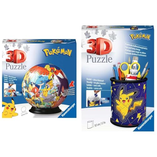 Ravensburger 3D Puzzle 11785 - Puzzle-Ball Pokémon - 72 Teile & 11257 - Utensilo Pokémon Pikachu - 54 Teile - Stiftehalter für Pokémon Fans ab 6 Jahren, Schreibtisch-Organizer für Kinder von Ravensburger 3D Puzzle