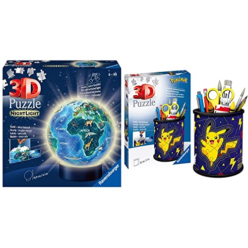 Ravensburger 3D Puzzle 11844 - Nachtlicht Erde bei Nacht - 72 Teile - LED Nachttischlampe mit Klatsch-Mechanismus & Utensilo Pokémon Pikachu - 54 Teile - Stiftehalter für Pokémon Fans ab 6 Jahren von Ravensburger 3D Puzzle