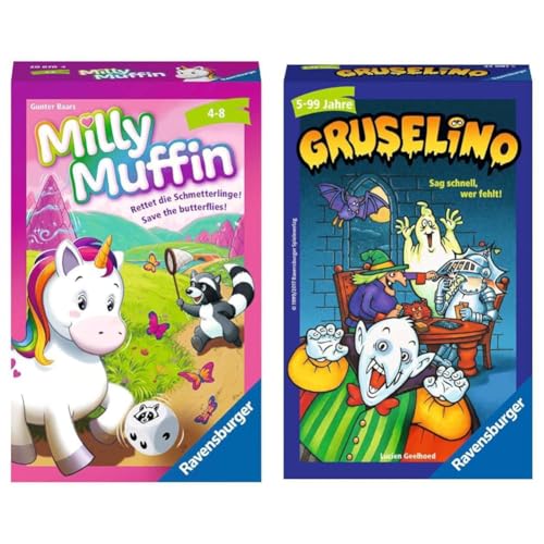 Ravensburger®, Milly Muffin, 20670, kooperatives Einhorn Kinderspiel ab 4 Jahren & 23081 - Gruselino, Mitbringspiel für 2-4 Spieler, Suchspiel ab 5 Jahren, kompaktes Format, Reisespiel von Ravensburger