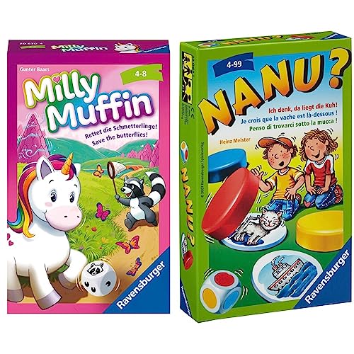 Ravensburger, Milly Muffin, 20670, kooperatives Einhorn Kinderspiel ab 4 Jahren & 23063 - Nanu? Mitbringspiel für 2-4 Spieler, Merkspiel ab 4 Jahren, kompaktes Format, Reisespiel, Würfelspiel von Ravensburger