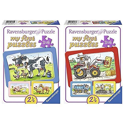 Ravensburger 06571 Gute Tierfreunde, my first puzzles 3 x 6 cm & Kinderpuzzle Bagger, Traktor und Kipplader - 06573 / 3 Rahmenpuzzles jeweils 6-teilig mit Fahrzeugen - für Kinder ab 2,5 Jahre von Ravensburger