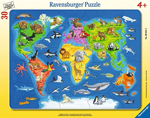 Ravensburger Kinderpuzzle - 06641 Weltkarte mit Tieren - Rahmenpuzzle für Kinder ab 4 Jahren, mit 30 Teilen, Yellow von Ravensburger