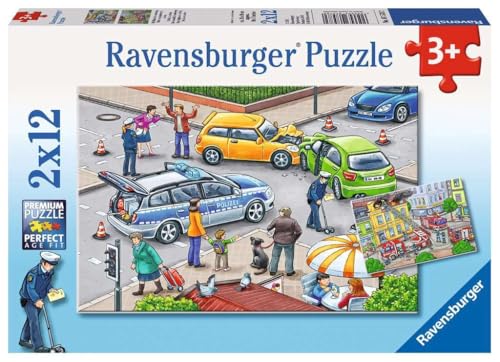 Ravensburger Kinderpuzzle - 07578 Mit Blaulicht unterwegs - Puzzle für Kinder ab 3 Jahre, mit 2x12 Teilen von Ravensburger