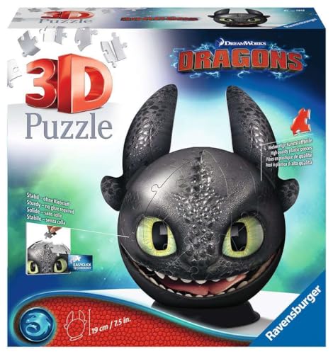 Ravensburger 3D Puzzle 11145 - Puzzle-Ball Dragons Ohnezahn mit Ohren - Puzzleball für Fans von Drachenzähmen leicht gemacht ab 6 Jahren - Geschenkidee für Kinder von Ravensburger