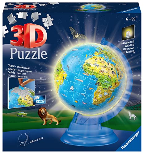 Ravensburger 11288 Leuchtende Weltkugel ab 6 Jahren, 3D-Puzzle, 188 Teile, kein Kleber erforderlich, pädagogische Geschenke für Kinder, 20 x 20 x 26,7 cm von Ravensburger