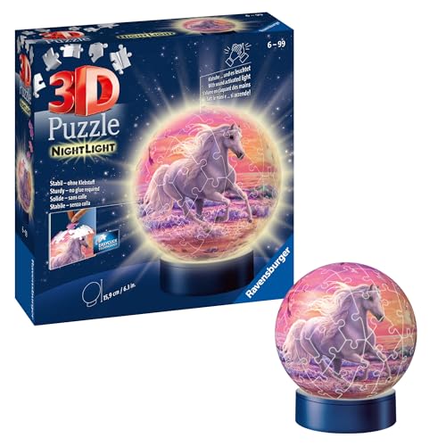 Ravensburger 3D Puzzle 11843 - Nachtlicht Puzzle-Ball Pferde am Strand - 72 Teile - ab 6 Jahren, LED Nachttischlampe mit Klatsch-Mechanismus, Pferde Geschenk für Mädchen und Jungen von Ravensburger