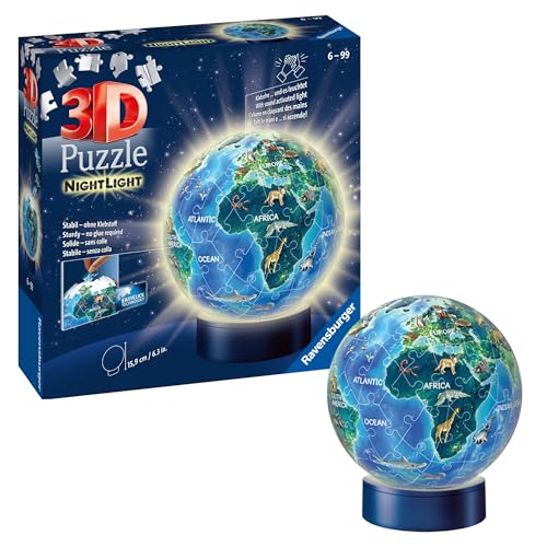 Ravensburger 3D Puzzle Erde im Nachtdesign Nachtlicht 11844 - Puzzle-Ball - 72 Teile - für Globus Fans ab 6 Jahren, Yellow von Ravensburger