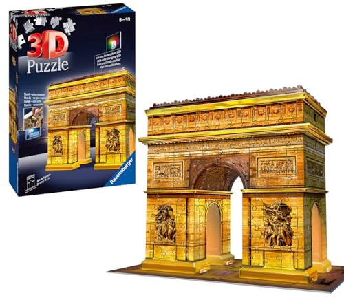 Ravensburger 3D Puzzle 12522 - Triumphbogen Night Edition - das weltbekannte Wahrzeichen aus Paris als LED beleuchtetes 3D Modell - leuchtet im Dunkeln - für große und kleine Puzzlefans ab 8 Jahren von Ravensburger