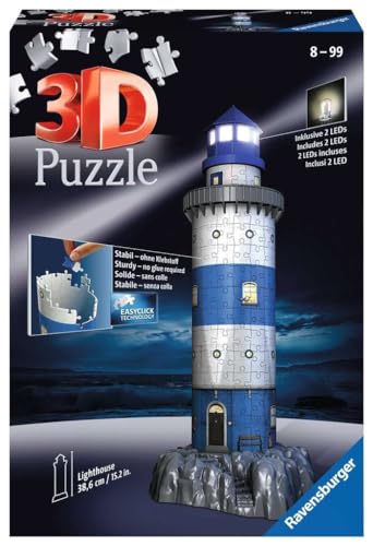 Ravensburger 3D Puzzle 12577 - Leuchtturm Night Edition - als dreidimensionales Modell mit LED Beleuchtung - Urlaubserinnerung oder Geschenkidee für Fans der Küstenschifffahrt ab 8 Jahren von Ravensburger