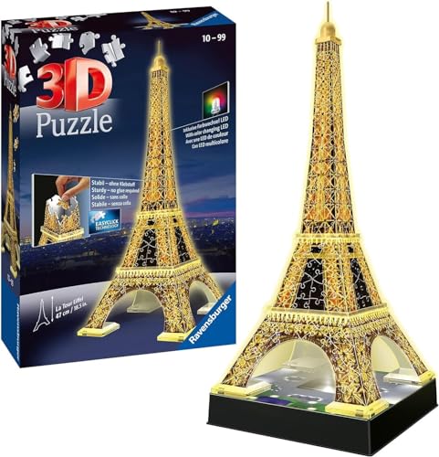 Ravensburger 3D Puzzle 12579 - Der Eiffelturm Night Edition - das weltbekannte Wahrzeichen von Paris - LED beleuchtetes 3D Modell zum selbst Aufbauen - ab 10 Jahren, Meerkleurig von Ravensburger