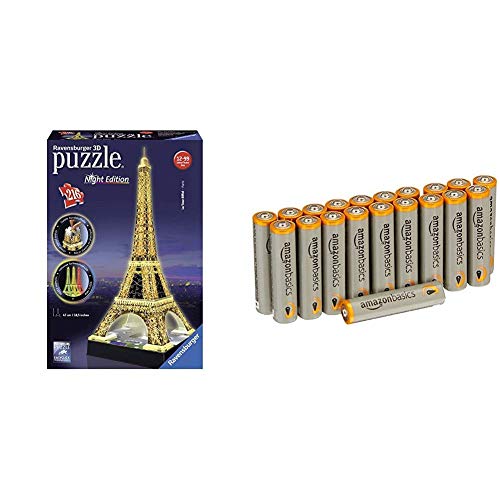 Ravensburger 125791 Eiffelturm bei Nacht Puzzle 3D-Puzzle Bauwerk Night Edition, 216 Teile mit Amazon Basics Batterien von Ravensburger