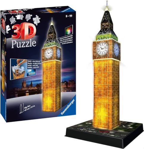 Ravensburger 3D Puzzle Big Ben bei Nacht 12588 - Das berühmte Bauwerk als Night Edition mit LED - 216 Teile - ab 8 Jahren, Black von Ravensburger