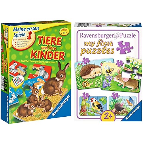 Ravensburger 21403 - Tiere und ihre Kinder - Kinderspiel, Tierwelt kennenlernen - für 1-4 Spieler ab 2 Jahren & Kinderpuzzle 06952 - Süße Gartenbewohner - My First Puzzles - 2,4,6,8 Teile von Ravensburger