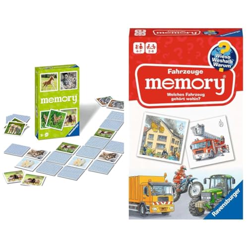 Ravensburger 22458 - Tierbaby Memory®, der Spieleklassiker für Tierfans, Merkspiel & 20647 - Fahrzeuge Memory® Wieso? Weshalb? Warum? der Spieleklassiker für 2-6 Spieler von Ravensburger