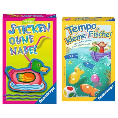 Ravensburger 23099 - Stricken ohne Nadel, Mitbringspiel für 1-4 Spieler & 23334 - Tempo, kleine Fische, Mitbringspiel für 1-6 Spieler, Kinderspiel ab 3 Jahren, kompaktes Format, Reisespiel, Brettspiel von Ravensburger