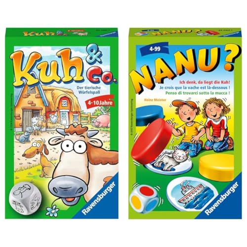 Ravensburger 23160 - Kuh und co, Mitbringspiel für 2-6 Spieler & 23063 - Nanu? Mitbringspiel für 2-4 Spieler, Merkspiel ab 4 Jahren, kompaktes Format, Reisespiel, Würfelspiel von Ravensburger