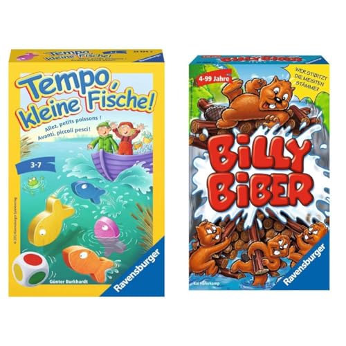 Ravensburger 23334 - Tempo, kleine Fische, Mitbringspiel für 1-6 Spieler & 23280 - Billy Biber, Mitbringspiel für 1-4 Spieler, Kinderspiel ab 4 Jahren, kompaktes Format, Reisespiel von Ravensburger