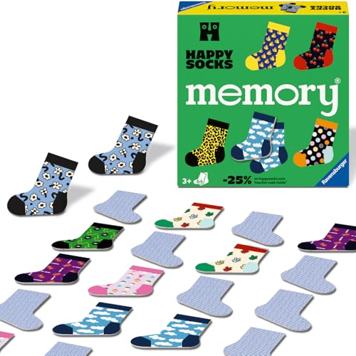 Ravensburger 24702 - Memory Happy Socks - Ravensburger Spieleklassiker in Kooperation mit Happy Socks - Merkspiel mit 32 bunten Sockenpaaren - Gedächtnisspiel ab 3 Jahren von Ravensburger