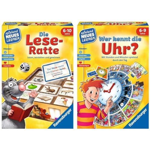 Ravensburger 24956 - Die Lese-Ratte - Spielen und Lernen für Kinder, Lernspiel für Kinder ab 6-10 Jahren & Wer kennt die Uhr? - Spielen und Lernen für Kinder, Lernspiel für Kinder ab 6-9 Jahren von Ravensburger