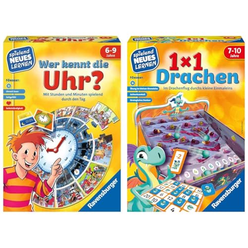 Ravensburger 24995 - Wer kennt die Uhr? & 24976-1x1 Drachen - Lernspiel für Kinder, Rechenspiel für Kinder von 7-10 Jahren, für 2-4 Spieler, Zahlenraum 1-100, kleines Einmaleins von Ravensburger