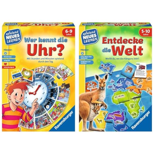 Ravensburger 24995 - Wer kennt die Uhr? & 24990 - Entdecke die Welt - Spielen und Lernen für Kinder, Lernspiel für Kinder von 5-10 Jahren, Spielend Neues Lernen für 2-4 Spieler von Ravensburger