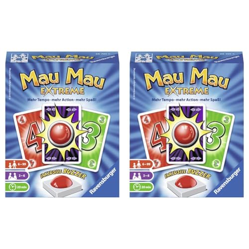 Ravensburger 26701 - Mau Mau Extreme, Kartenspiel mit Buzzer, Klassiker für 2-6 Spieler, Ablegespiel für Kinder und Erwachsene ab 6 Jahren (Packung mit 2) von Ravensburger