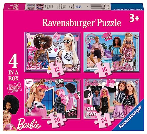 Ravensburger - Barbie-Puzzle, Kollektion 4 in a Box, Geschenkidee für Kinder ab 3 Jahren, pädagogisches und stimulierendes Spiel, 4 Puzzles 12-16-20-24 Stück, 70 x 50 cm von Ravensburger