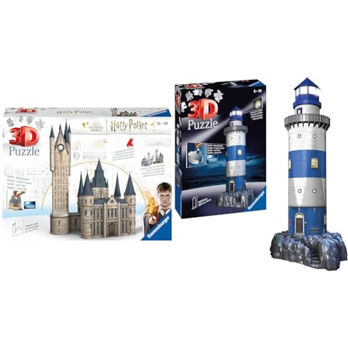 Ravensburger 3D Puzzle 11277 - Harry Potter Hogwarts Schloss - Astronomieturm - 615 Teile - Für alle Harry Potter Fans ab 10 Jahren & 3D Puzzle 12577 - Leuchtturm bei Nacht von Ravensburger