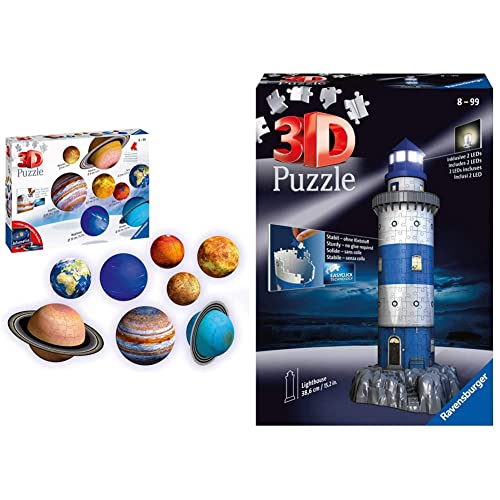 Ravensburger 3D Puzzle 11668 - Planetensystem für Kinder ab 7 Jahren - 8 Puzzleball-Planeten als Sonnensystem Modell mit Poster & 3D Puzzle 12577 - Leuchtturm bei Nacht - 216 Teile von Ravensburger