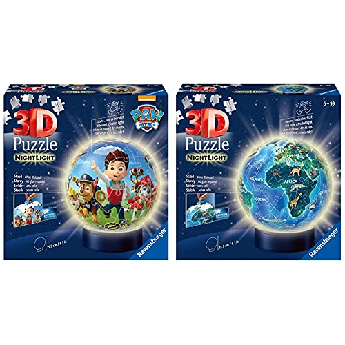 Ravensburger 3D Puzzle 11842 - Nachtlicht Puzzle-Ball Paw Patrol - 72 Teile - ab 6 Jahren & 3D Puzzle 11844 - Nachtlicht Puzzle-Ball Globus - 72 Teile - ab 6 Jahren von Ravensburger