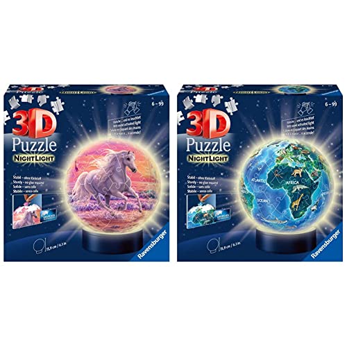 Ravensburger 3D Puzzle 11843 - Nachtlicht Puzzle-Ball Pferde am Strand - 72 Teile - ab 6 Jahren & 3D Puzzle 11844 - Nachtlicht Erde bei Nacht - 72 Teile - Puzzle-Ball Globus ab 6 Jahren von Ravensburger